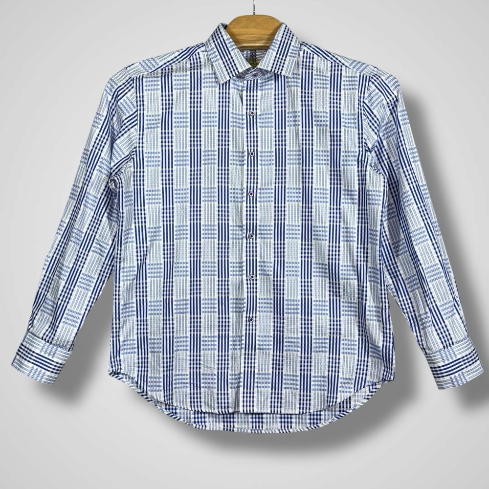 Robert Graham Shirt Mens XL Blue Plaid Check Long Sleeve Funky Crazy Flip Cuff - Picture 2 of 14